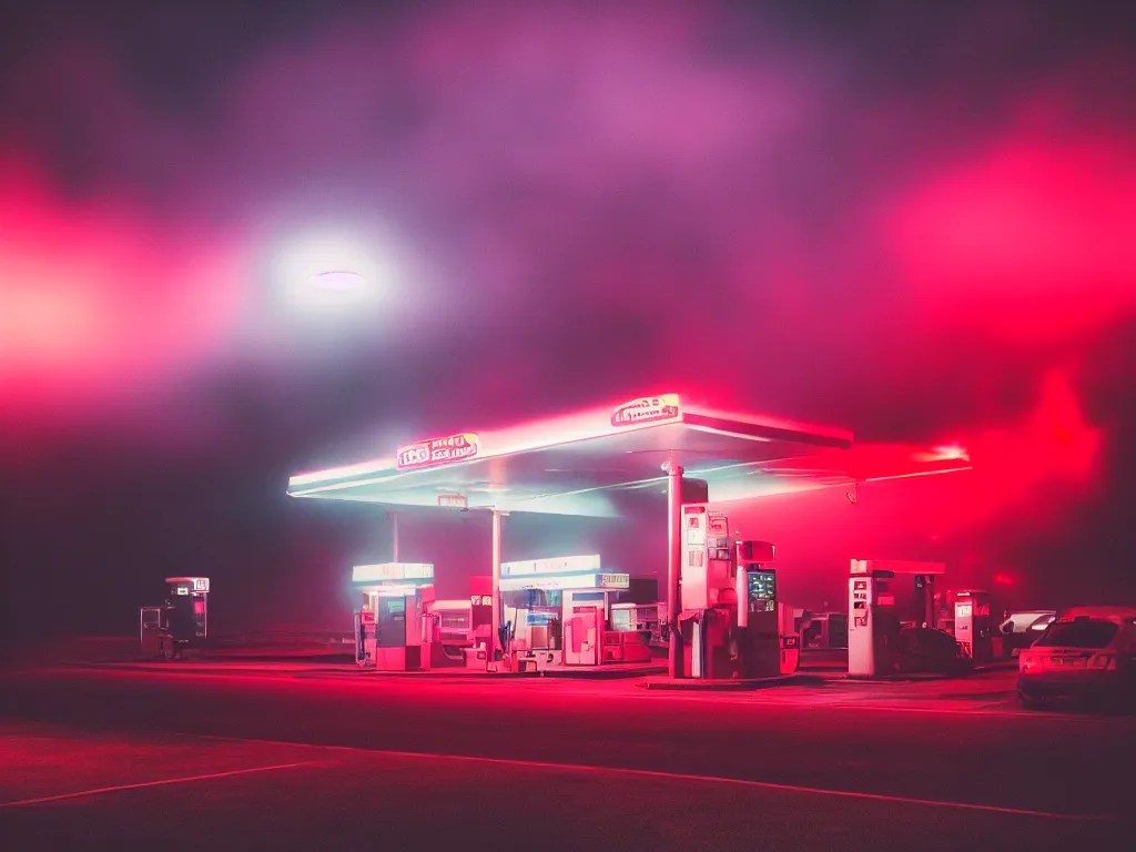 “photography of gas station , fog, red lights, night, Stable Diffusion