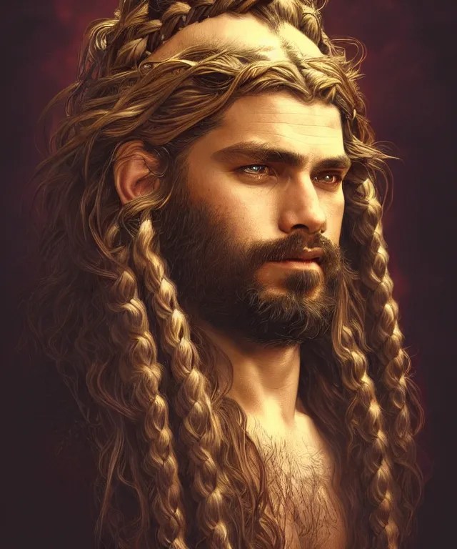 portrait of biblical hairy samson, his hair in seven Stable Diffusion