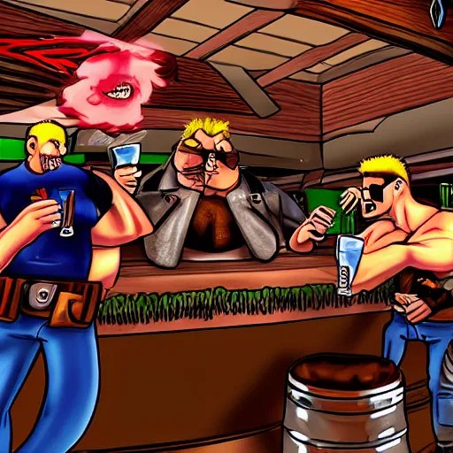 duke nukem and doomguy drinking beer in a bar Stable Diffusion OpenArt