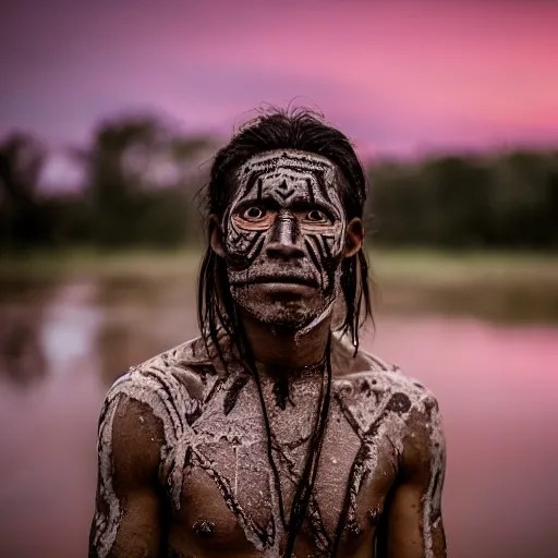 photo of an aztec tribal man covered in mud, sunset in Stable Diffusion
