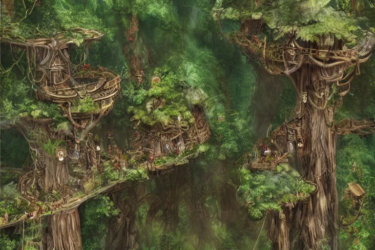 a wood elf village suspended high up in the redwood Stable Diffusion