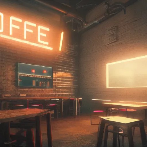 Clearly rendered cyberpunk coffee shop, soft light Stable Diffusion