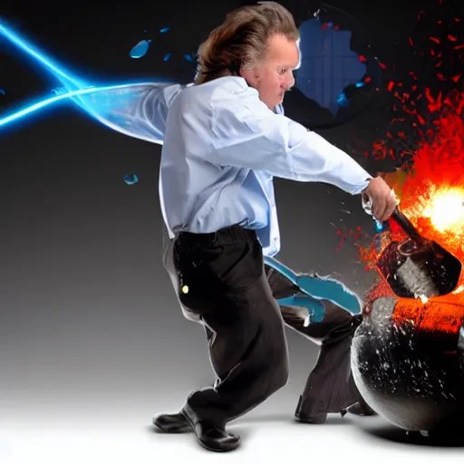 a scientist smashing a computer with a giant hammer Stable Diffusion