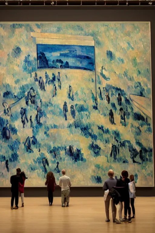 A group of art critics in a museum looking at a huge Stable Diffusion OpenArt