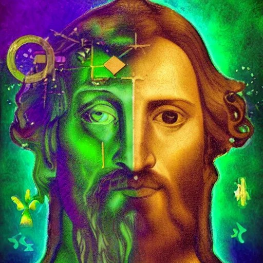 a portrait of Jesus, underwater, gold fish, green Stable Diffusion