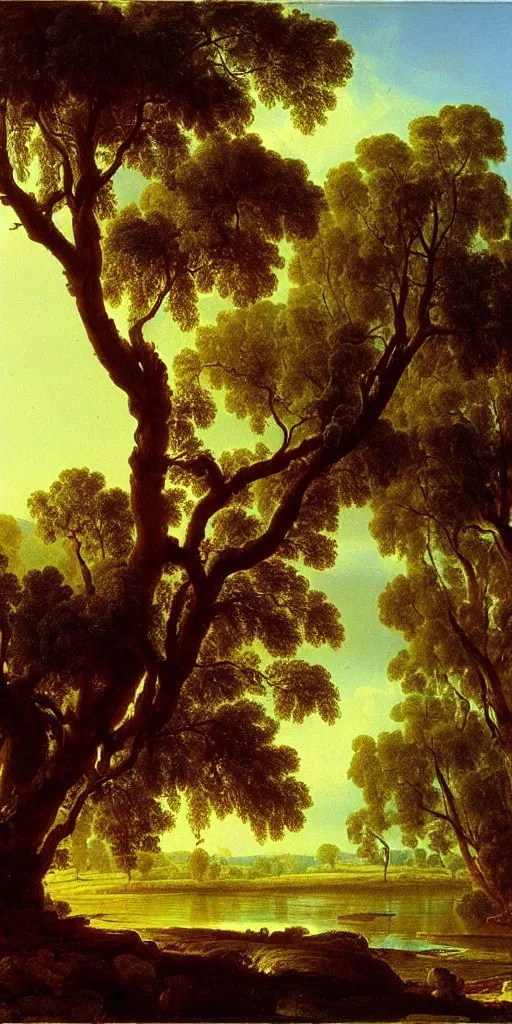 landscape painting of a old blue gum tree next to a Stable Diffusion