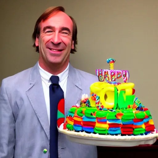 saul goodman, smiling, holding a birthday cake Stable Diffusion OpenArt