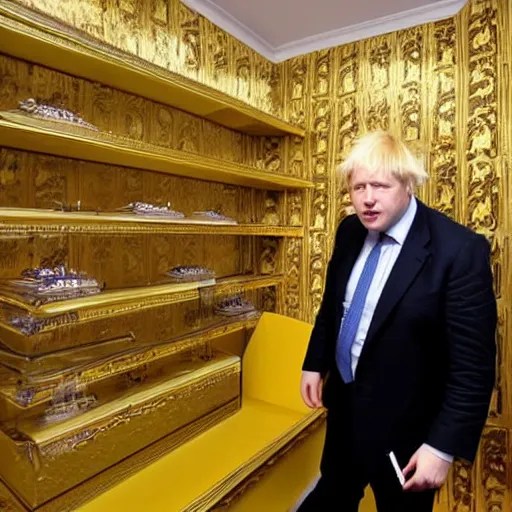 Boris Johnson chosing golden wallpaper in a shop Stable Diffusion