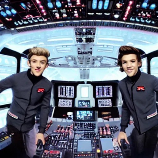the cast of one direction manning the flight deck of Stable Diffusion