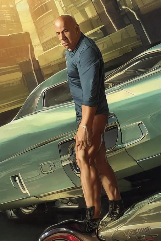Vin Diesel standing next to a 1970 Dodge Charger, Stable Diffusion