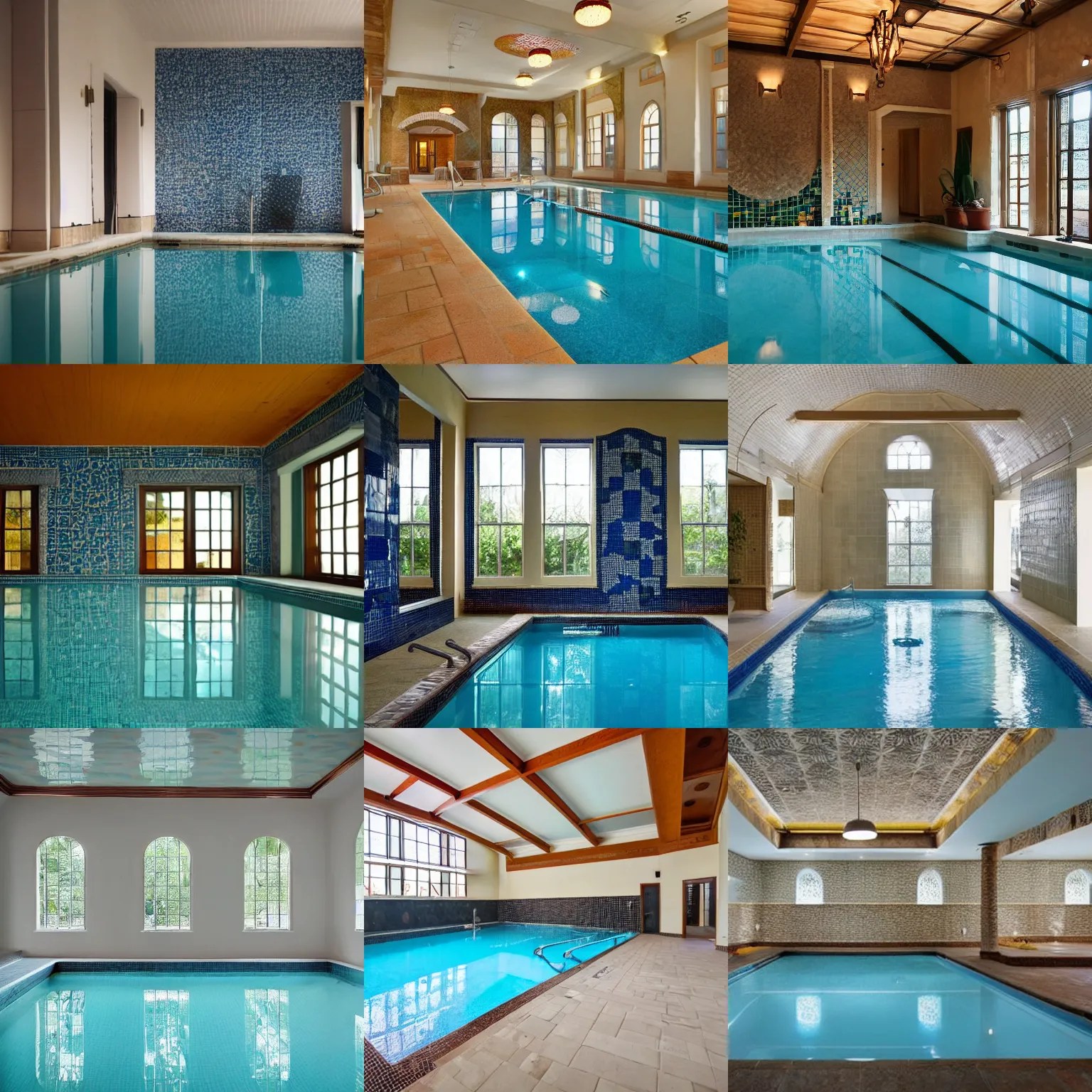 Indoor pool in a room covered in tile, liminal, dreamy Stable