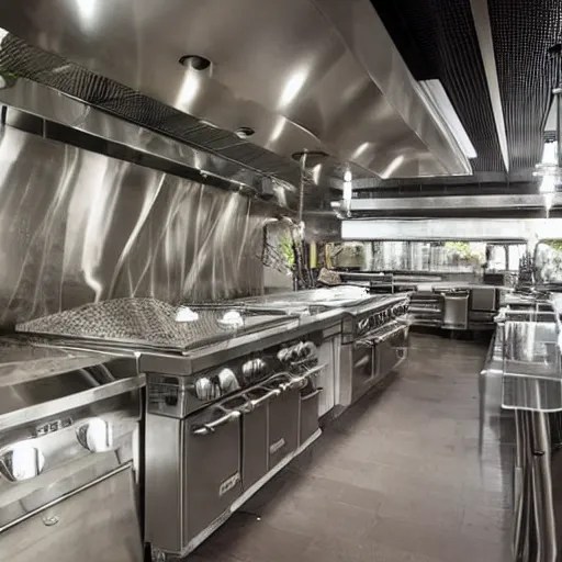 fancy restaurant kitchen counter with shiny silver Stable Diffusion