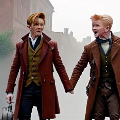 newt scamander walking hand in hand with baby groot Stable Diffusion