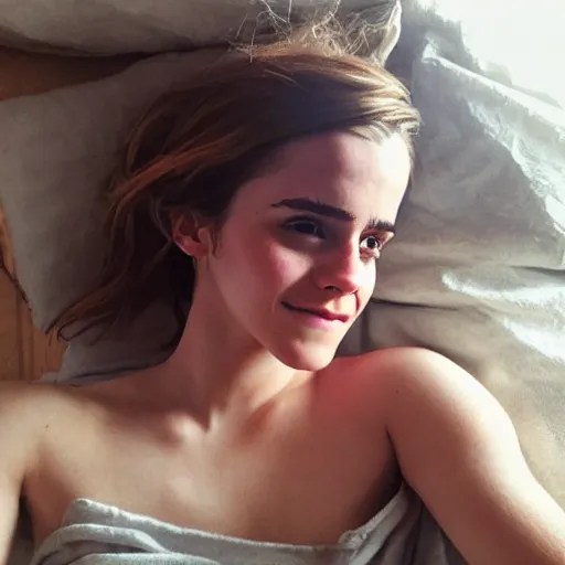 emma watson in bed, comfy, bare shoulders, no makeup, | Stable Diffusion