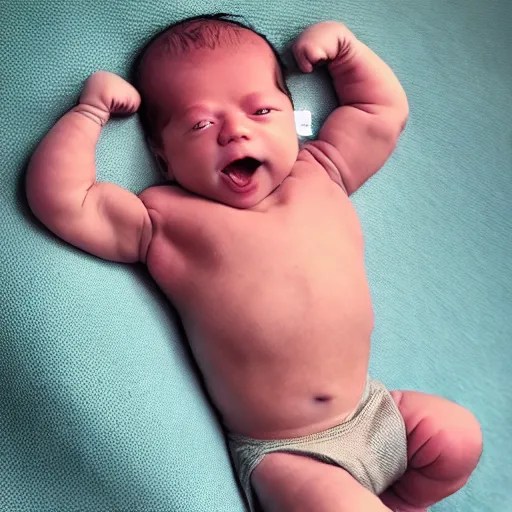 a newborn baby with huge muscles, barrel chested, Stable Diffusion
