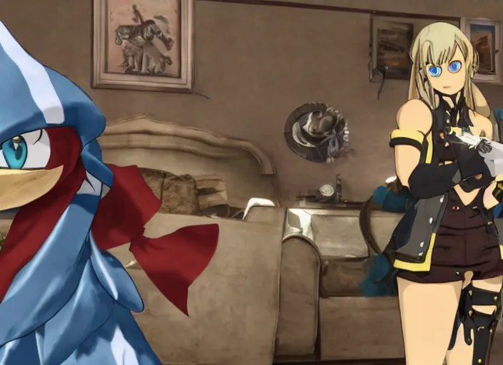 bridget from guilty gear finds a blue shark plush in a Stable