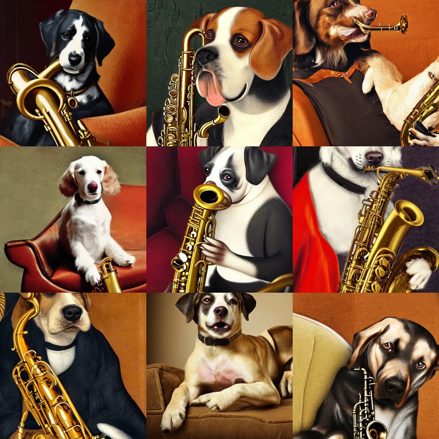 dog playing the saxophone, sitting on the couch, Stable Diffusion