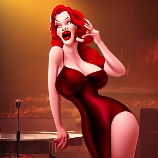 Christina Hendricks as Jessica Rabbit singing in a Stable Diffusion