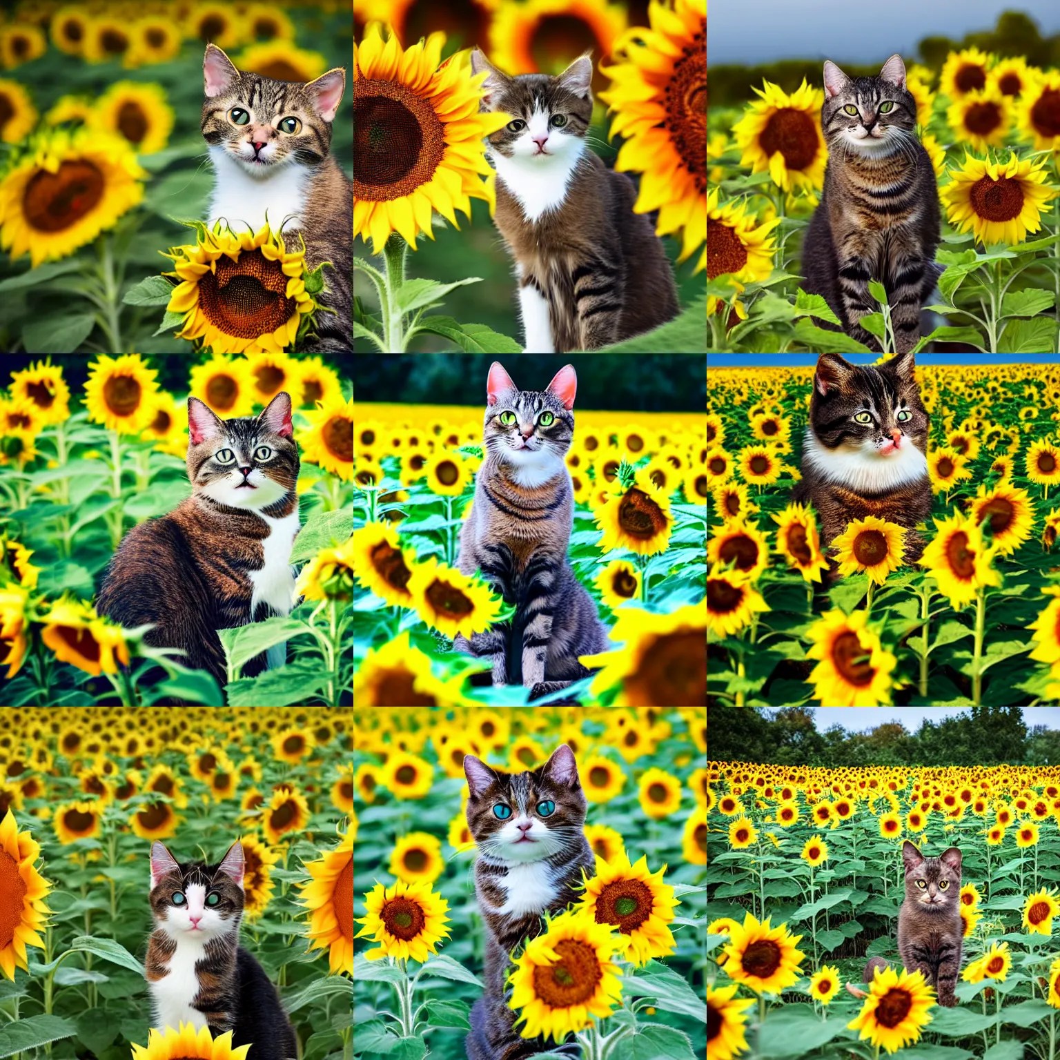 cute cat in a sunflower field, celebrating a birthday Stable