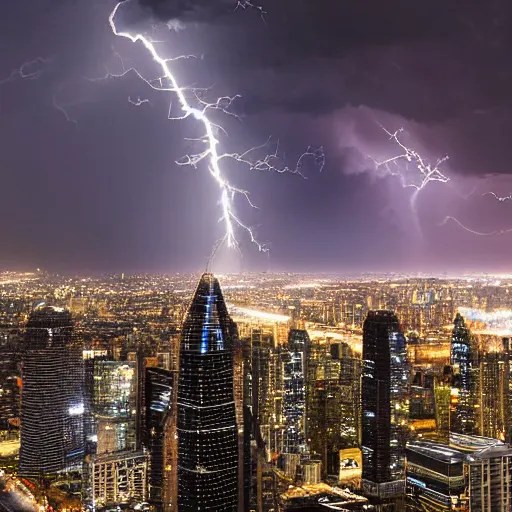 biggest lightning bolt, city, skyscrapers, dark night, Stable
