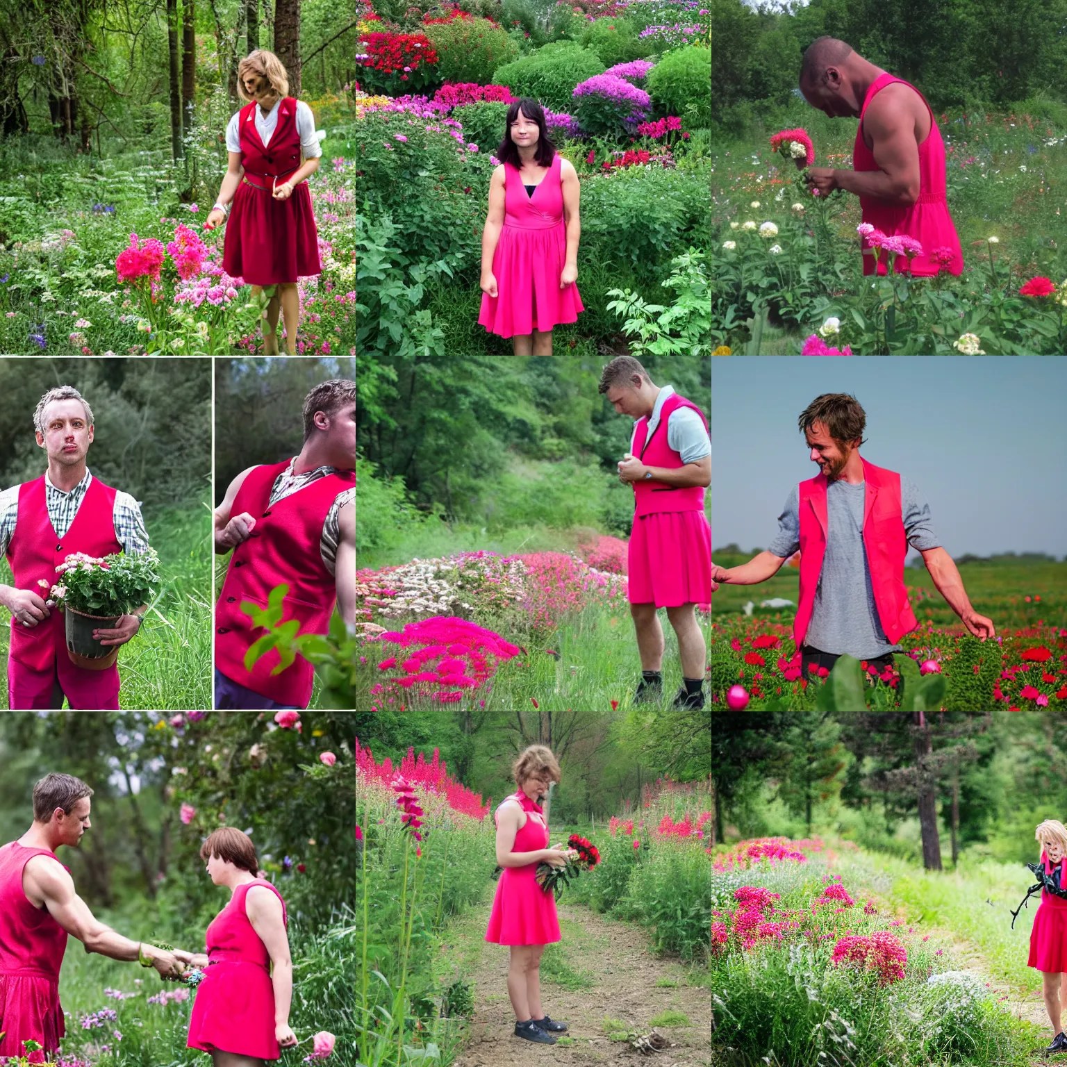 bob of fight club picking flowers, red vest over pink Stable
