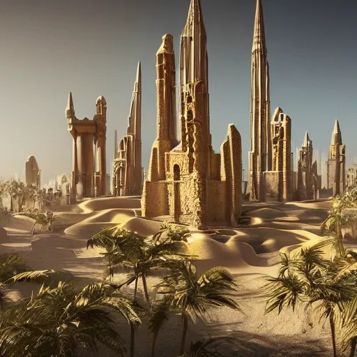 cover concept art of the lost sand city, ruins, golden Stable