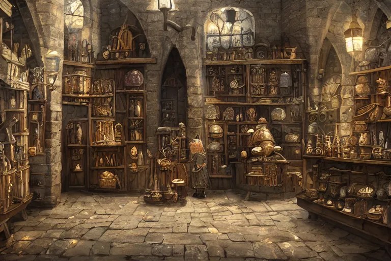 A medieval magic shop viewed from the outside, magic Stable Diffusion