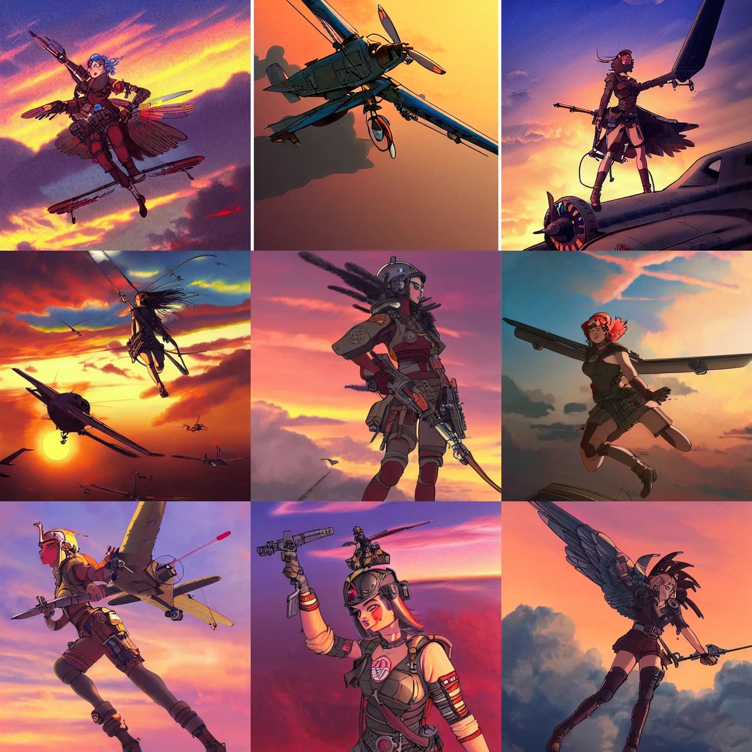 dieselpunk valkyrie taking flight into a vivid sunset, Stable