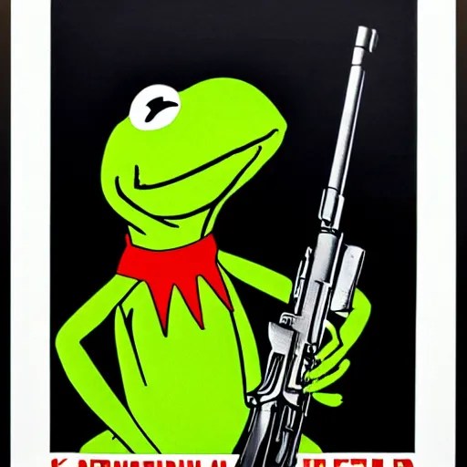 Kermit holding a Kalashnikov rifle, side profile, two Stable