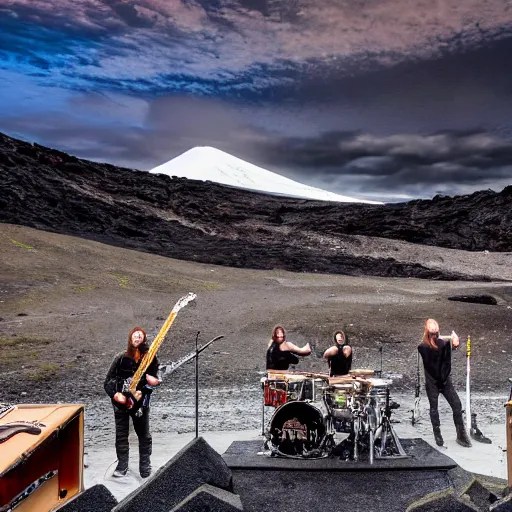 hd photo wide shot of a metal band playing in front of Stable