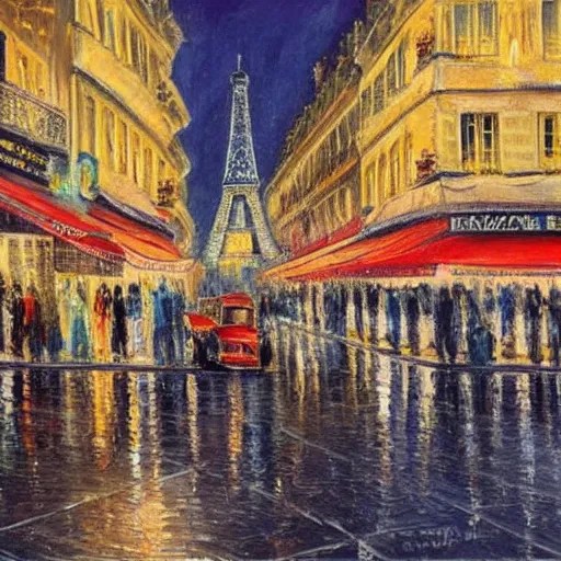 paris at night in 1 9 5 6, painting, ultra detailed Stable Diffusion