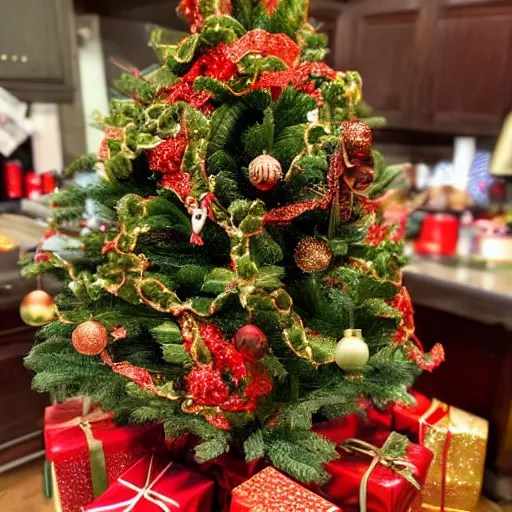 a photo of a christmas tree decorated in various foods Stable