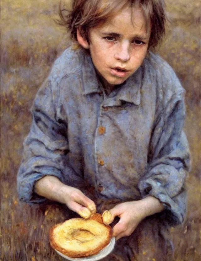 portrait of peasant boy biting a bread, cottage core, Stable