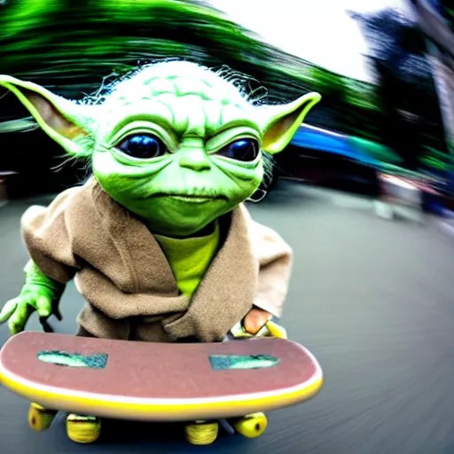 Yoda skateboarding towards the camera, photograph, Stable Diffusion