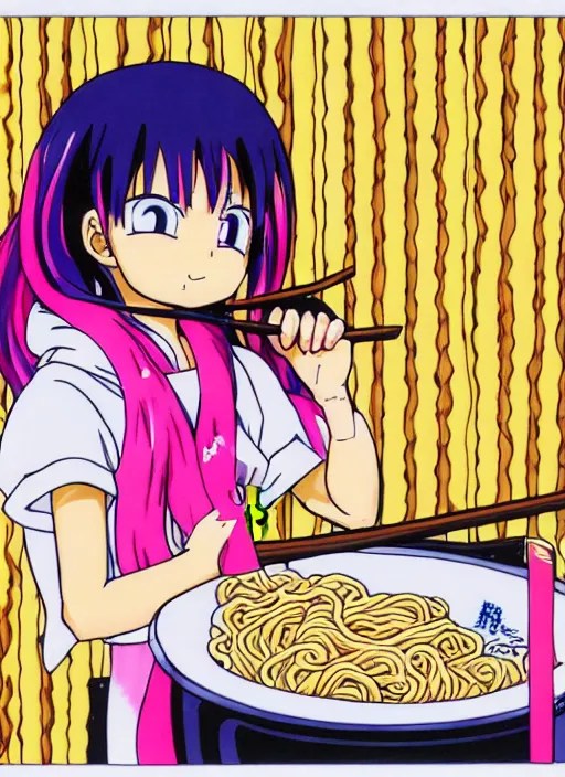 anime girl with pink hair eating ramen noodles, black Stable Diffusion OpenArt