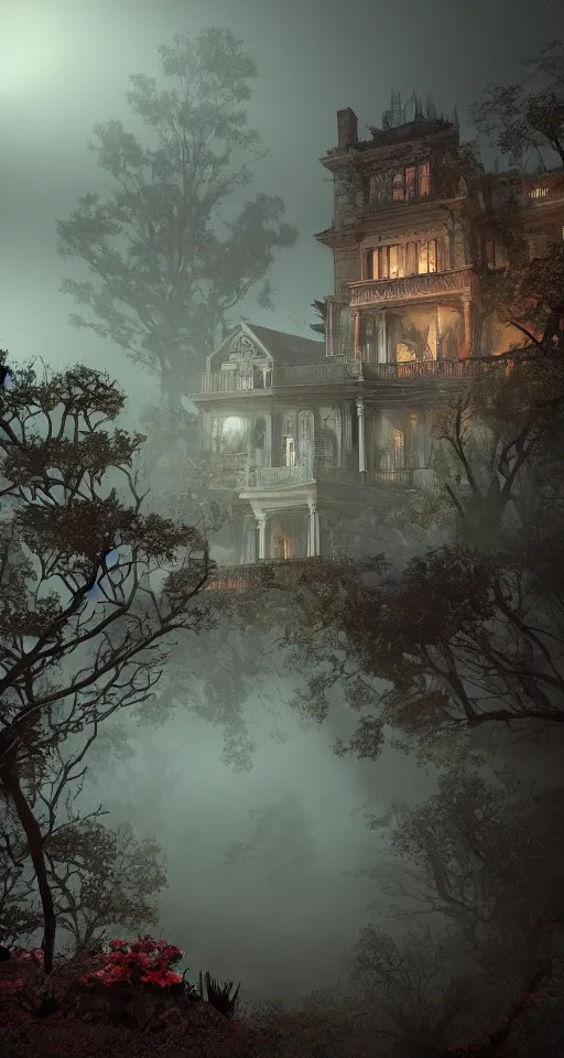 A haunted Mansion on the edge of a cliff at night Stable Diffusion