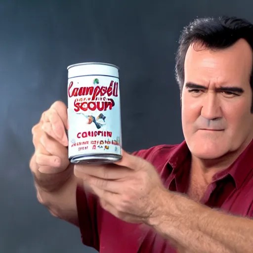 Bruce Campbell holding can of campbell soup to the Stable Diffusion