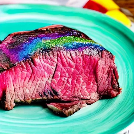 a prime unicorn steak. rainbow colored meat with Stable Diffusion