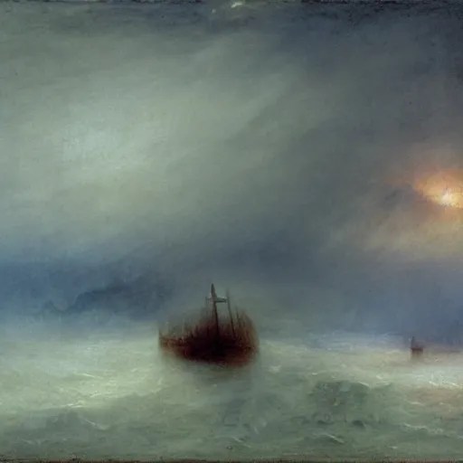 a sailor boat burning in a distance fog during a Stable Diffusion
