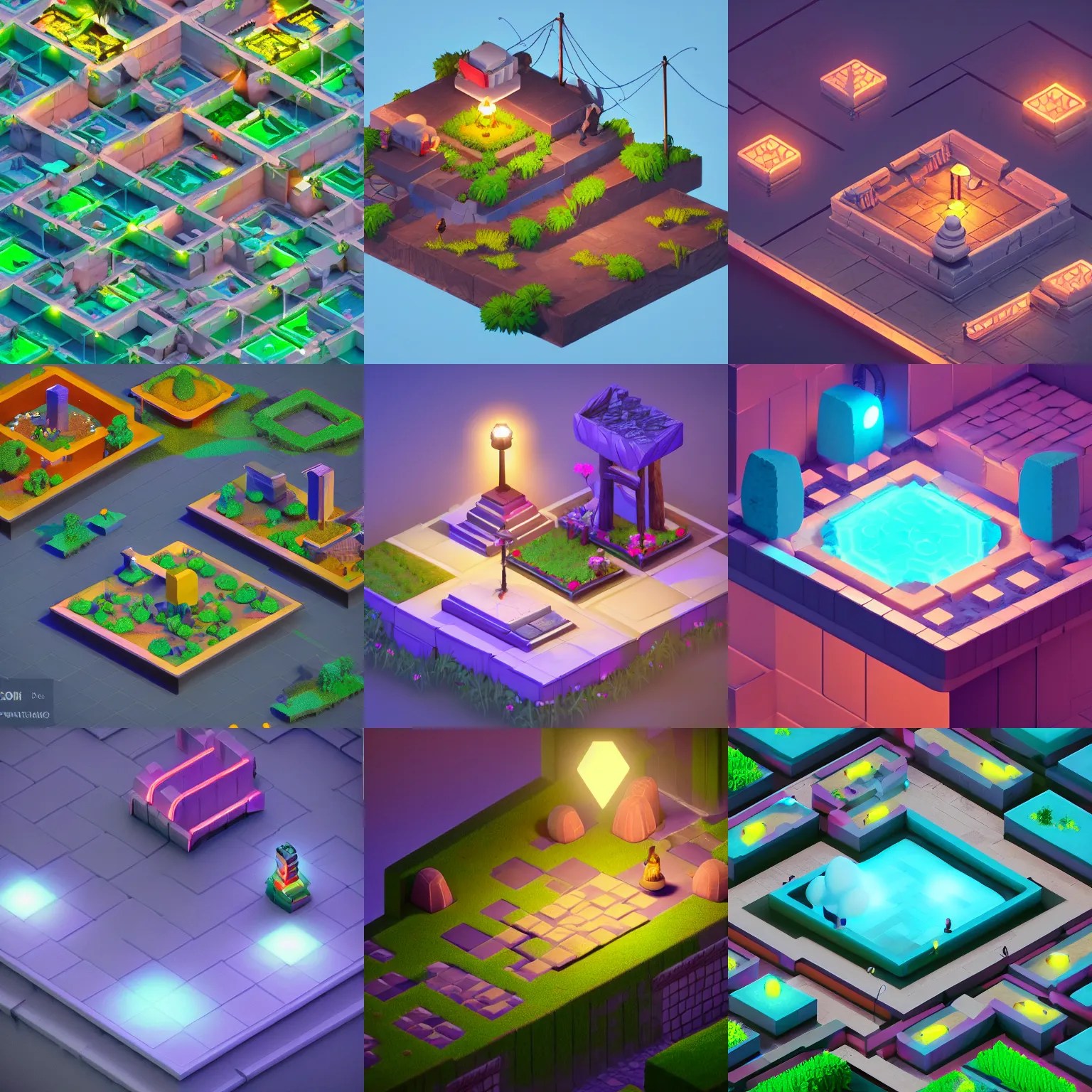 isometric game art world, lights with bloom, trending Stable Diffusion