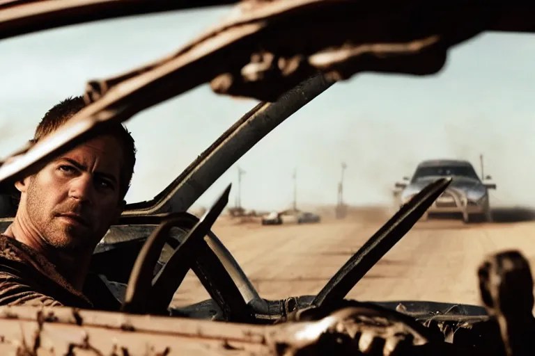 Paul Walker driving in Mad Max Road Warrior, rusted, Stable Diffusion