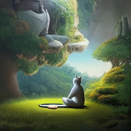 one cat zen master meditating on hillside, next to a Stable Diffusion