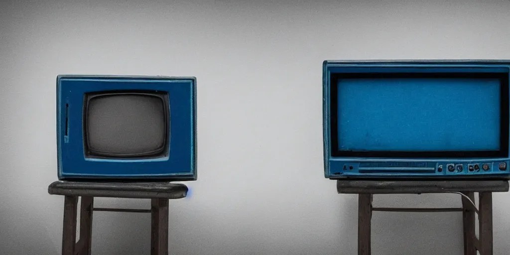 an old CRT tv with a glowing blue screen, on an old Stable Diffusion
