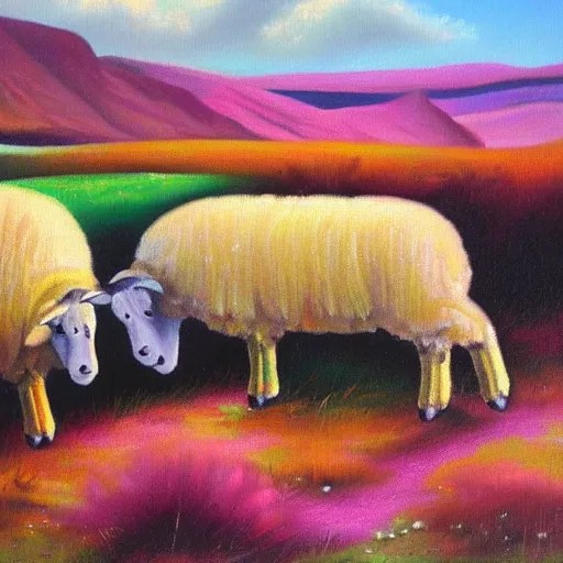 multicolored sheep in irish landscape, oil painting Stable Diffusion