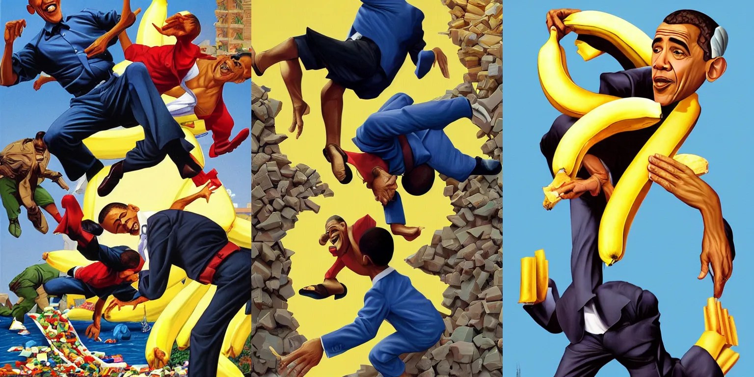 Obama slipping on a banana peel by Greg Hildebrandt, Stable Diffusion