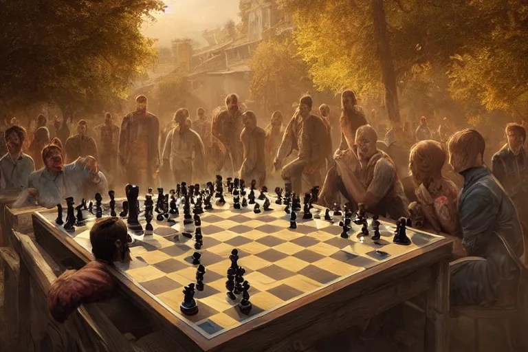 a chess game where the pieces are zombies vs people, Stable Diffusion