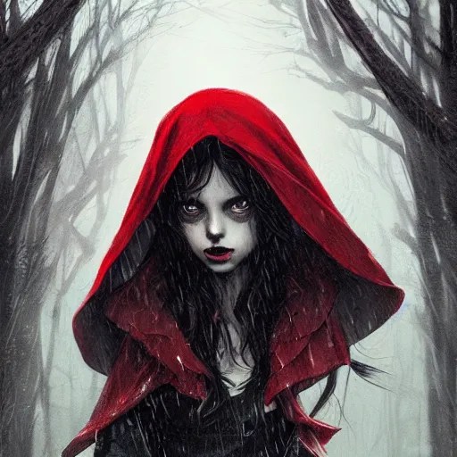 cute gothic little red riding hood in the rain, Stable Diffusion