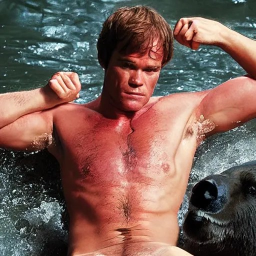 shirtless dexter morgan riding a bear in a river | Stable Diffusion