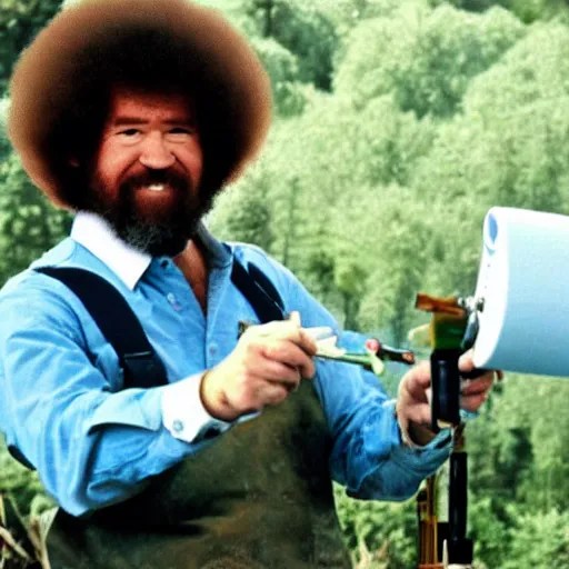 bob ross painting a canvas with a paintball gun Stable Diffusion