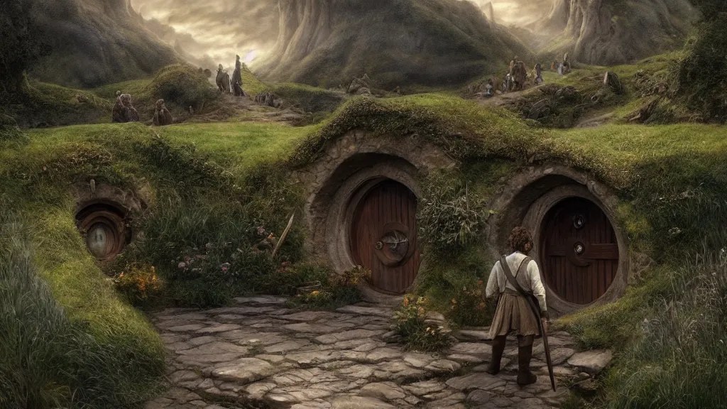 frodo returning to bag end at the end of his journey, Stable Diffusion